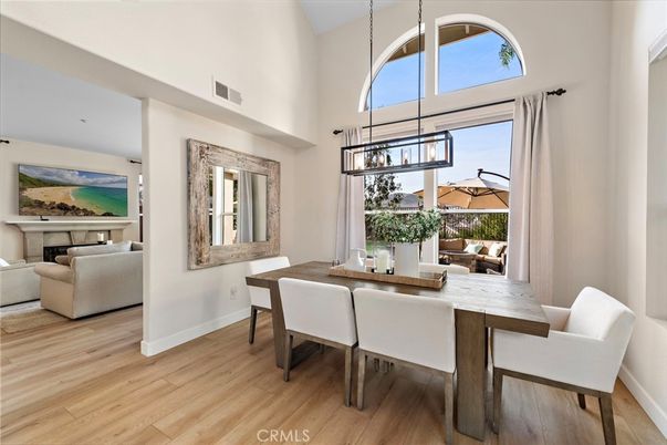 Dining room, Fireplace, Interior, Living room, Pendant Lights, Wood Texture Flooring