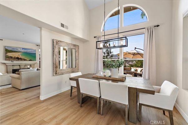 Dining room, Fireplace, Interior, Living room, Pendant Lights, Wood Texture Flooring