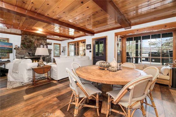 Dining room, Fireplace, Interior, Living room, Stone Walls, Wooden Beams, Wooden Ceilings, Wood Texture Flooring