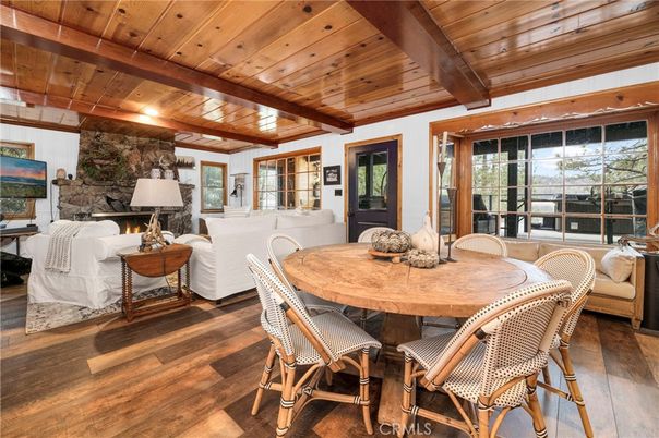 Dining room, Fireplace, Interior, Living room, Stone Walls, Wooden Beams, Wooden Ceilings, Wood Texture Flooring