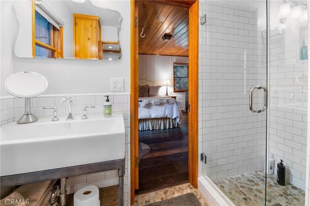 Bathroom, Bedroom, Glass Shower, Interior, Wooden Ceilings, Wood Texture Flooring