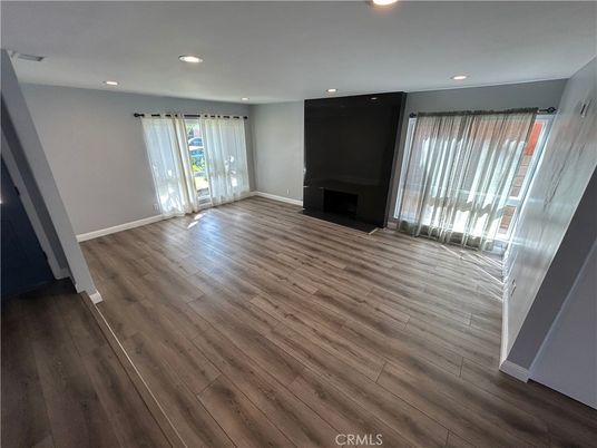 Empty room, Fireplace, Interior, Recessed Lighting, Wood Texture Flooring