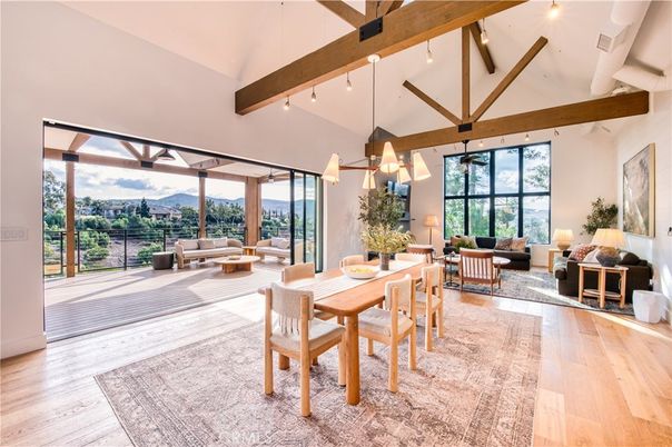 Dining room, Interior, Living room, Pendant Lights, Wooden Beams, Wood Texture Flooring