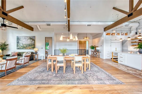 Dining room, Interior, Kitchen, Living room, Pendant Lights, Wooden Beams, Wood Texture Flooring