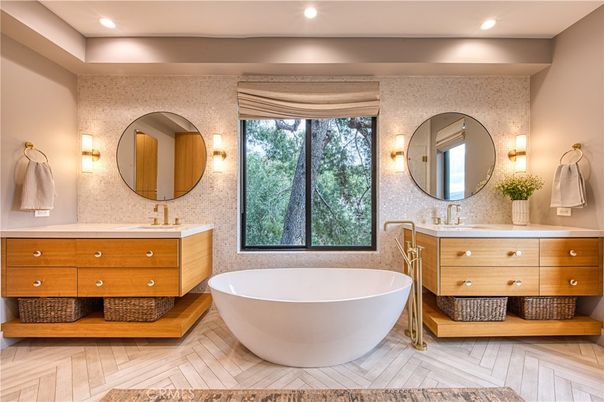 Bathroom, Dual Sink Vanities, Free Standing Baths, Interior, Recessed Lighting, Wood Texture Flooring