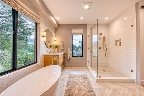 Bathroom, Free Standing Baths, Glass Shower, Interior, Recessed Lighting, Wood Texture Flooring