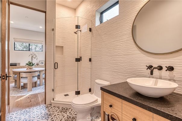 Bathroom, Dining room, Glass Shower, Interior, Recessed Lighting, Wood Texture Flooring