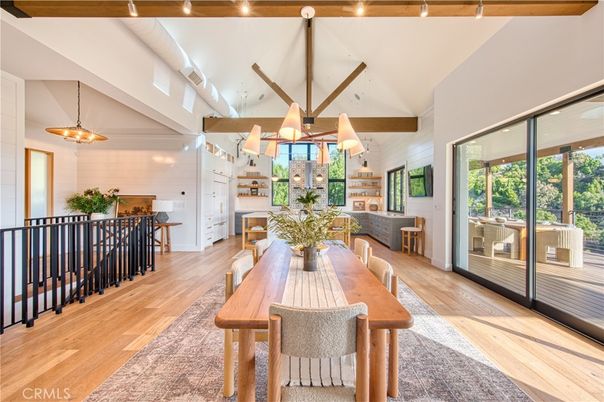 Dining room, Interior, Pendant Lights, Wooden Beams, Wood Texture Flooring