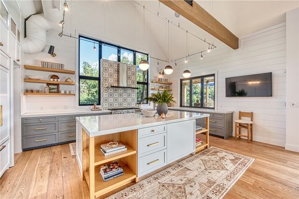 Interior, Kitchen, Pendant Lights, Stainless Steel Appliances, Wooden Beams, Wood Texture Flooring