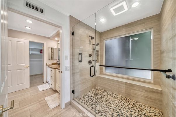 Bathroom, Glass Shower, Interior, Recessed Lighting, Wood Texture Flooring