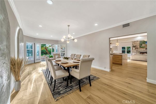 Dining room, Interior, Pendant Lights, Recessed Lighting, Wood Texture Flooring