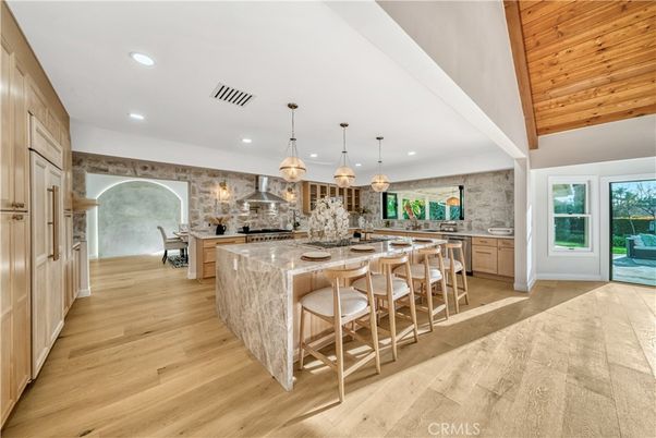 Interior, Kitchen, Pendant Lights, Recessed Lighting, Stainless Steel Appliances, Stone Walls, Wooden Ceilings, Wood Texture Flooring