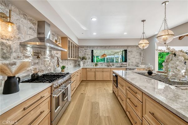 Interior, Kitchen, Pendant Lights, Recessed Lighting, Stainless Steel Appliances, Stone Walls, Wood Texture Flooring