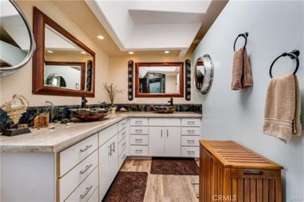 Bathroom, Dual Sink Vanities, Interior, Recessed Lighting, Wood Texture Flooring