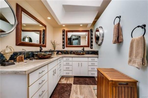 Bathroom, Dual Sink Vanities, Interior, Recessed Lighting, Wood Texture Flooring