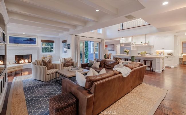 Fireplace, Interior, Kitchen, Living room, Pendant Lights, Recessed Lighting, Wood Texture Flooring