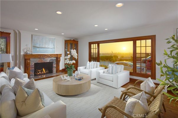 Fireplace, Interior, Living room, Recessed Lighting, Water, Wood Texture Flooring