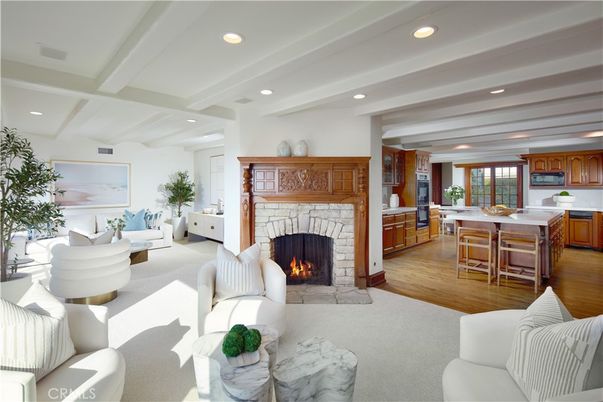 Dining room, Fireplace, Interior, Kitchen, Living room, Recessed Lighting, Wood Texture Flooring