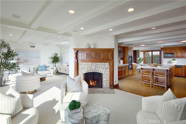 Dining room, Fireplace, Interior, Living room, Recessed Lighting, Wood Texture Flooring