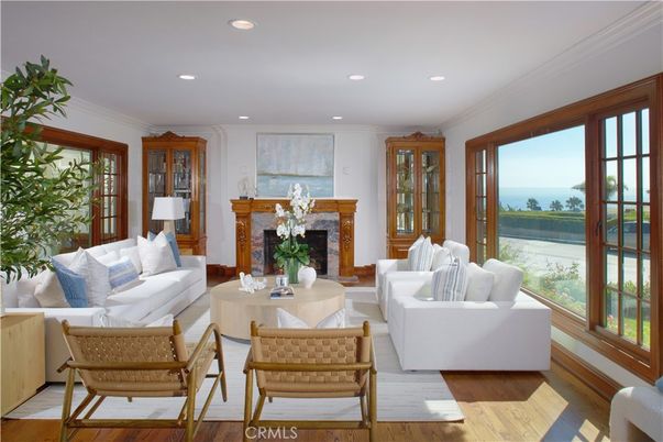 Fireplace, Interior, Living room, Recessed Lighting, Water, Wood Texture Flooring