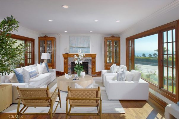 Fireplace, Interior, Living room, Recessed Lighting, Water, Wood Texture Flooring