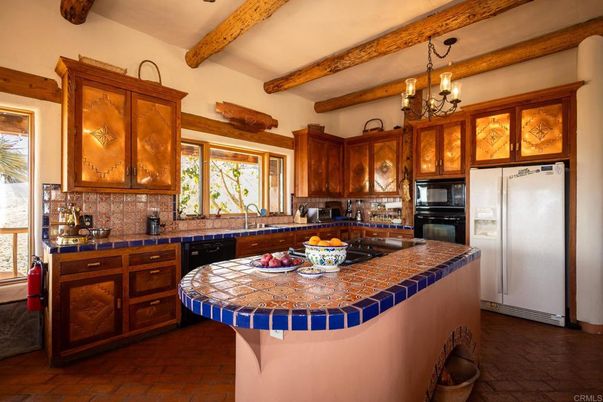 Chandelier, Interior, Kitchen, Tile Countertops, Wooden Beams