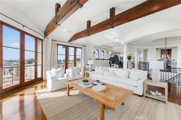 Chandelier, Dining room, Interior, Living room, Piano, Recessed Lighting, Wooden Beams, Wood Texture Flooring