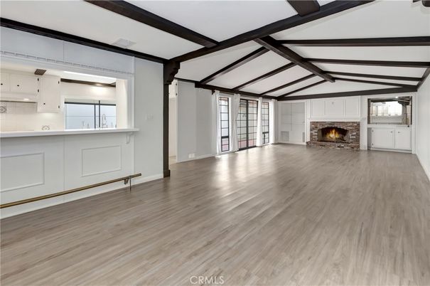 Empty room, Fireplace, Interior, Pendant Lights, Wooden Beams, Wood Texture Flooring