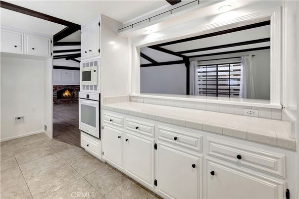 Fireplace, Interior, Kitchen, Tile Countertops