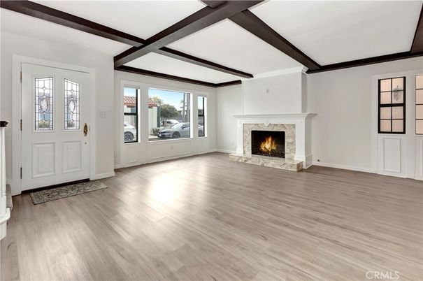 Empty room, Fireplace, Interior, Wooden Beams, Wood Texture Flooring