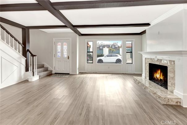 Empty room, Fireplace, Interior, Wooden Beams, Wood Texture Flooring