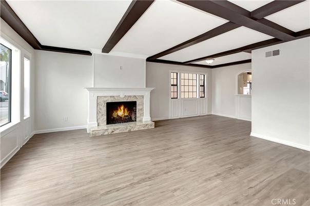 Empty room, Fireplace, Interior, Wooden Beams, Wood Texture Flooring