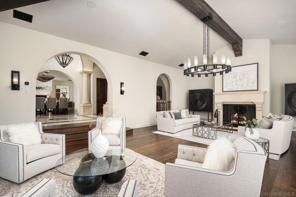 Chandelier, Dining room, Fireplace, Interior, Living room, Pendant Lights, Wooden Beams, Wood Texture Flooring