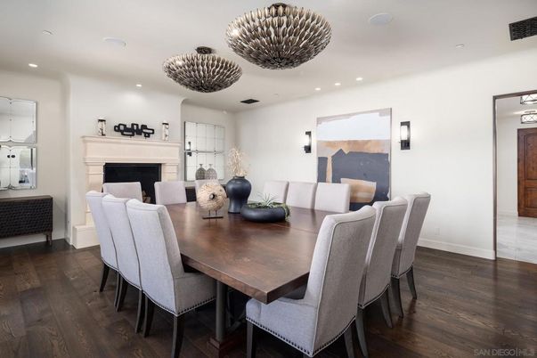 Dining room, Fireplace, Interior, Recessed Lighting, Wood Texture Flooring