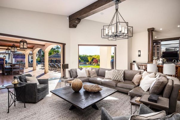 Chandelier, Dining room, Interior, Living room, Pendant Lights, Recessed Lighting, Wooden Beams, Wood Texture Flooring
