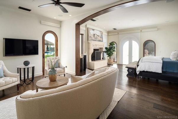 Bedroom, Fireplace, Interior, Living room, Recessed Lighting, Wood Texture Flooring