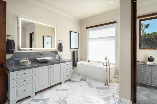 Bathroom, Dual Sink Vanities, Free Standing Baths, Interior, Marble, Recessed Lighting