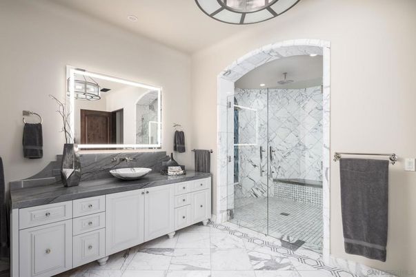 Bathroom, Dual Sink Vanities, Glass Shower, Interior, Marble, Marble Walls, Recessed Lighting