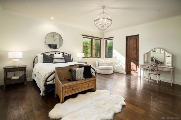Bedroom, Chandelier, Interior, Recessed Lighting, Wood Texture Flooring