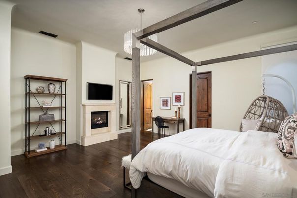 Bedroom, Fireplace, Interior, Pendant Lights, Wood Texture Flooring