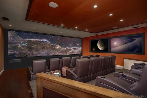 Home Theatre Room, Interior, Projection Screen, Recessed Lighting, Theatre Room, Wood Texture Flooring