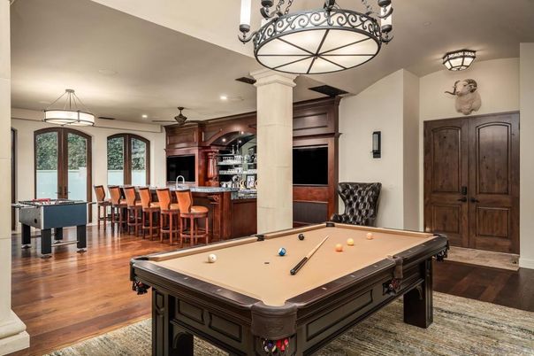 Billiard Table, Chandelier, Game Room, Interior, Recessed Lighting, Wood Texture Flooring