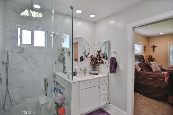 Bathroom, Glass Shower, Interior, Marble Walls, Recessed Lighting