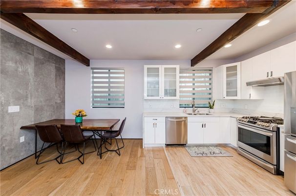 Dining room, Interior, Kitchen, Recessed Lighting, Stainless Steel Appliances, Wooden Beams, Wood Texture Flooring