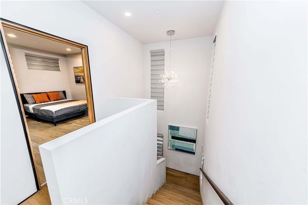 Bedroom, Chandelier, Interior, Recessed Lighting, Wood Texture Flooring