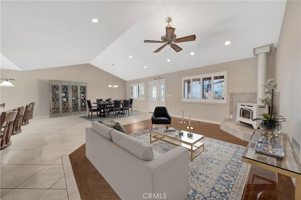 Dining room, Fireplace, Interior, Living room, Pendant Lights, Recessed Lighting