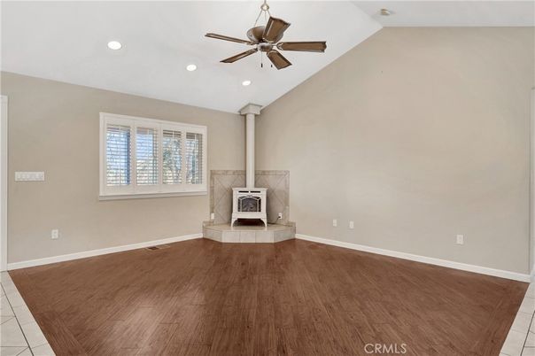 Empty room, Fireplace, Interior, Recessed Lighting, Wood Texture Flooring