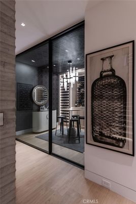 Chandelier, Dining room, Interior, Pendant Lights, Recessed Lighting, Wood Texture Flooring, Wooden Walls