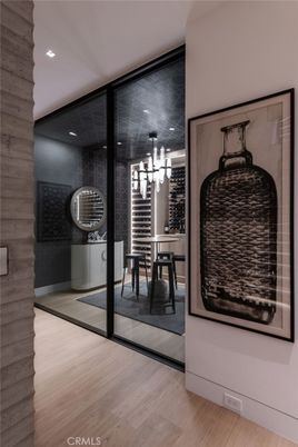 Chandelier, Dining room, Interior, Recessed Lighting, Wood Texture Flooring, Wooden Walls