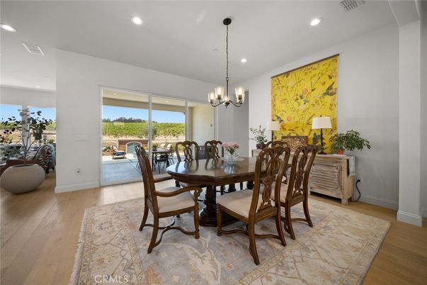 Chandelier, Dining room, Interior, Recessed Lighting, Wood Texture Flooring